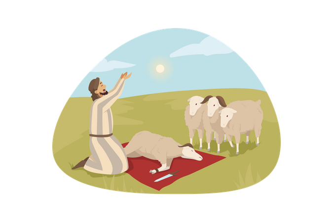 Hombre musulmán sacrificando cabra  Ilustración