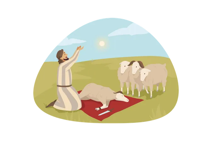 Hombre musulmán sacrificando cabra  Ilustración