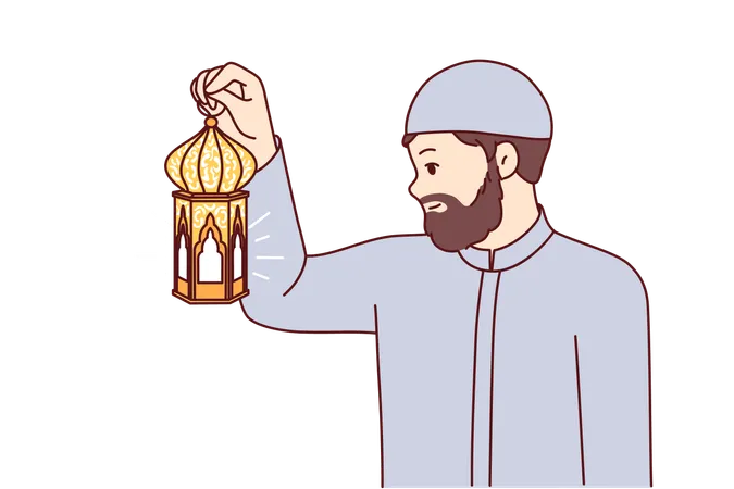 Un musulmán sostiene una linterna árabe que ilumina la forma de realizar iftar y observar rápidamente por la noche  Ilustración