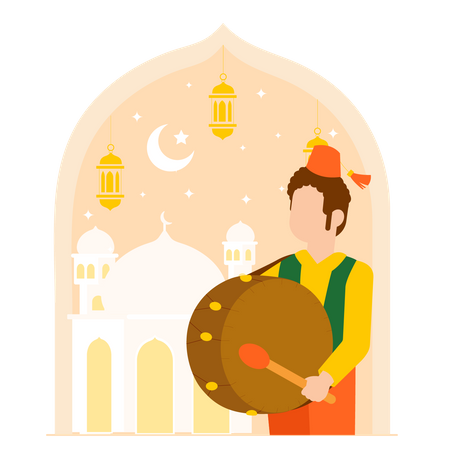 Hombre musulmán tocando el tambor de Ramadán  Ilustración