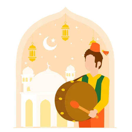 Hombre musulmán tocando el tambor de Ramadán  Ilustración