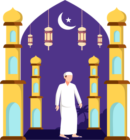Hombre musulmán va a la mezquita para orar  Ilustración
