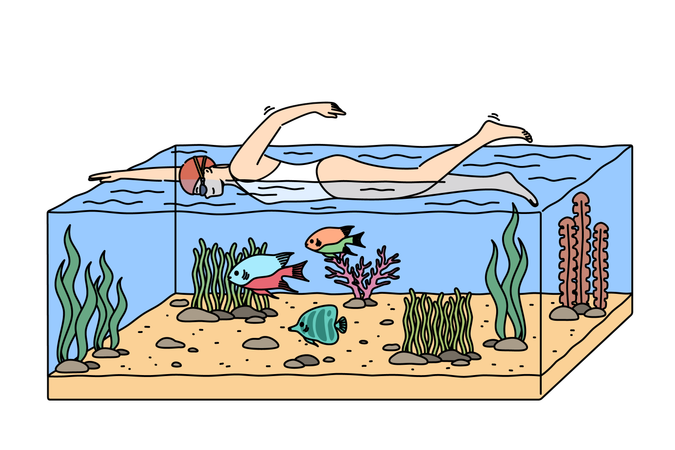 El hombre nada en el mar tropical y se sumerge en un gran acuario con peces y plantas submarinas  Ilustración