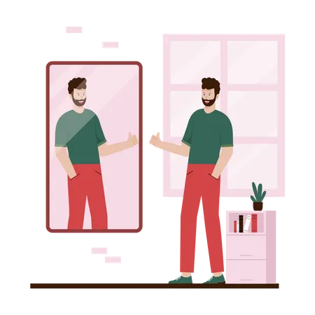 Hombre narcisista mirándose en el espejo  Ilustración