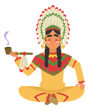 Hombre nativo americano fumando hierba  Ilustración