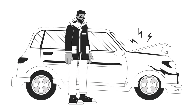 Hombre negro angustiado cerca del vehículo dañado  Ilustración