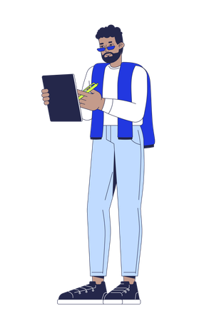 Hombre negro barbudo informal sosteniendo una tableta digital y un lápiz óptico  Ilustración