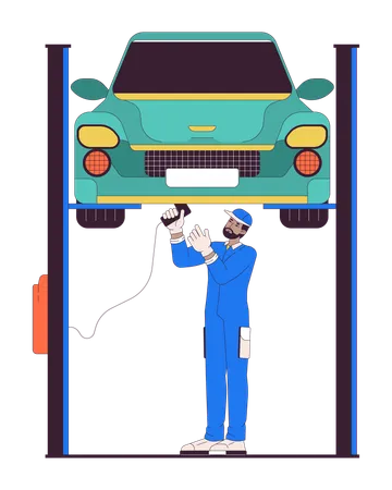 Mecánico hombre negro reparando coche en ascensor  Illustration