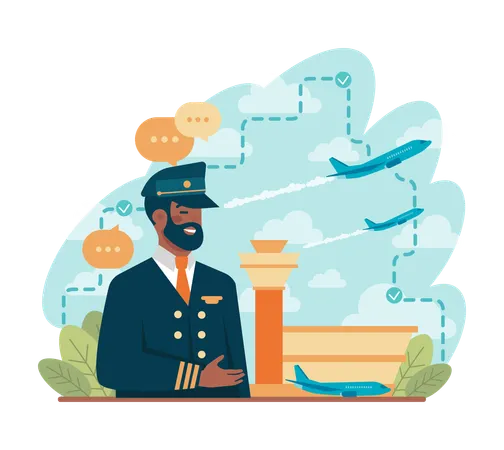 Hombre negro volando aerolíneas comerciales  Ilustración