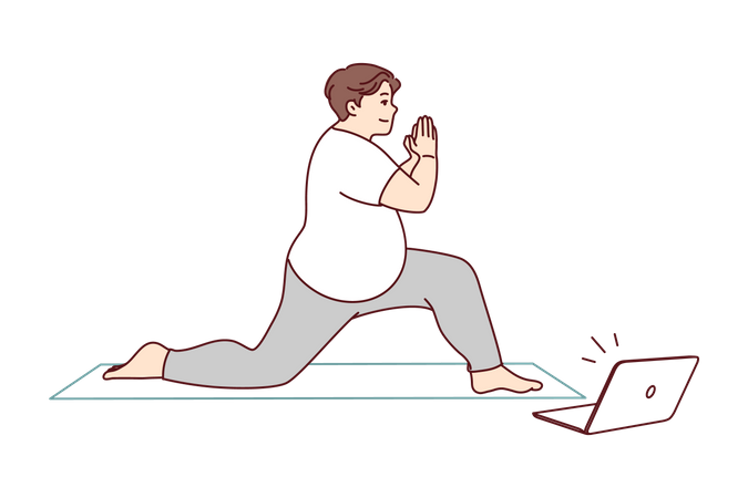Hombre obeso practica yoga desde un tutorial en línea  Ilustración