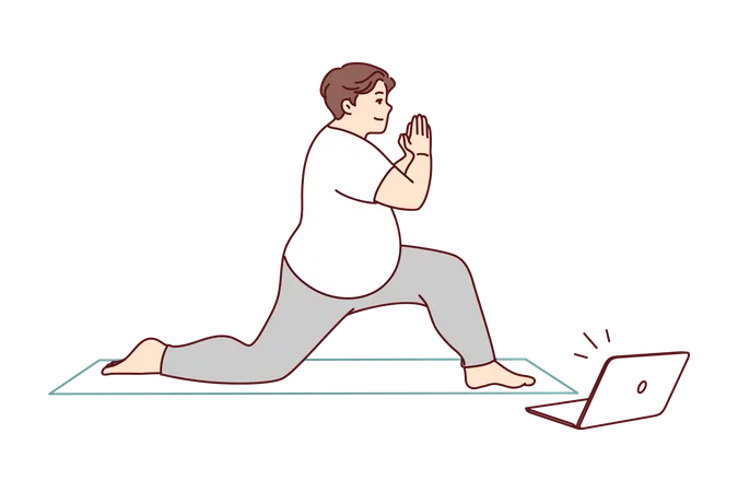Hombre obeso practica yoga desde un tutorial en línea  Ilustración