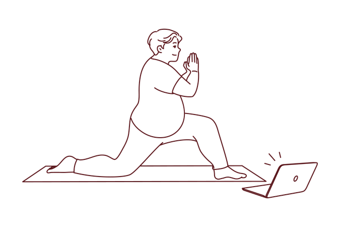 Hombre obeso practica yoga desde un tutorial en línea  Ilustración