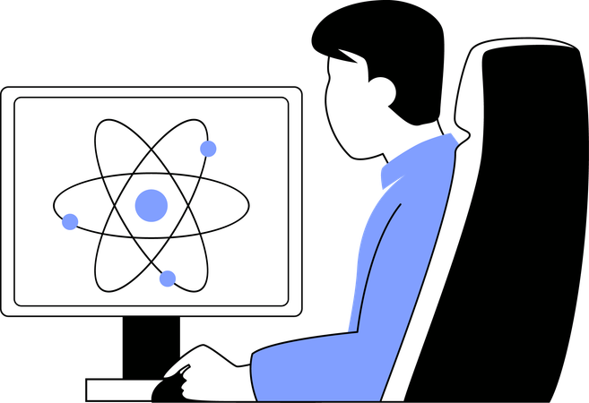 Hombre observando la estructura del átomo  Ilustración