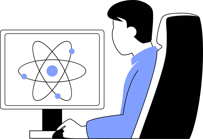 Hombre observando la estructura del átomo  Ilustración