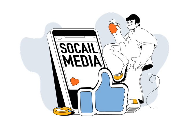 Hombre obteniendo ganancias usando las redes sociales  Ilustración