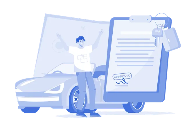 Hombre obteniendo un préstamo de coche aprobado  Ilustración