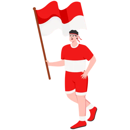 Hombre ondeando la bandera de indonesia  Ilustración