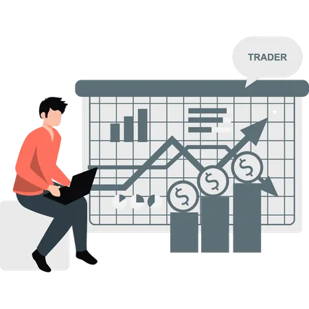 Hombre comerciando en el mercado de valores mediante análisis técnico  Ilustración