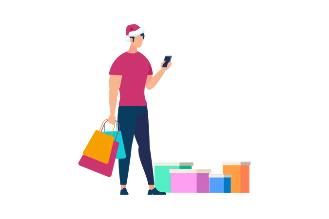 Hombre operando smartphone sosteniendo bolsas de compras  Ilustración