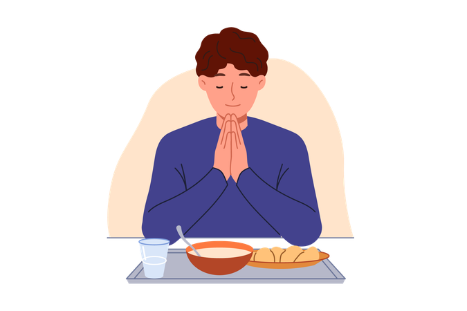 El hombre reza sentado a la mesa con comida observando la tradición cristiana y expresando gratitud a Dios  Ilustración