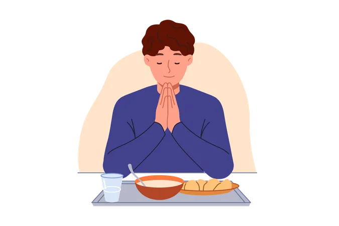 El hombre reza sentado a la mesa con comida observando la tradición cristiana y expresando gratitud a Dios  Ilustración