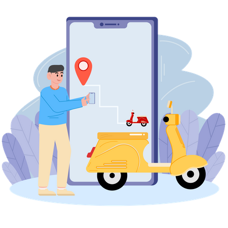 Hombre pidiendo un taxi en bicicleta a través de una aplicación móvil  Ilustración