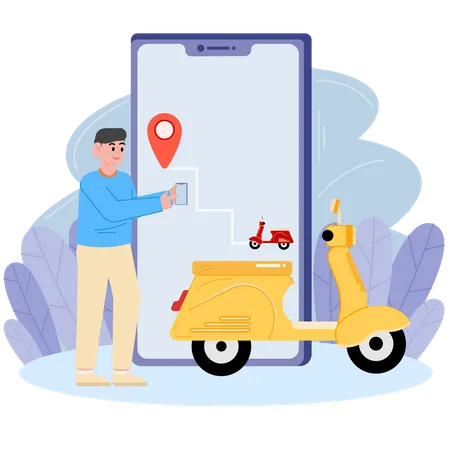 Hombre pidiendo un taxi en bicicleta a través de una aplicación móvil  Ilustración