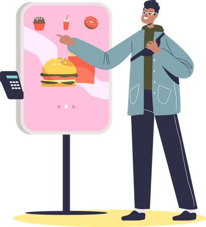 Hombre pidiendo comida rápida en un quiosco en línea  Ilustración