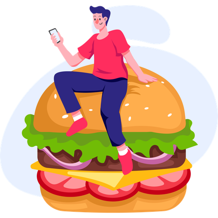 Hombre pidiendo hamburguesa desde una aplicación móvil  Ilustración