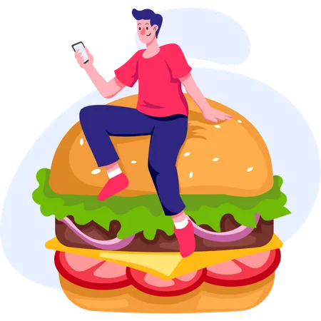 Hombre pidiendo hamburguesa desde una aplicación móvil  Ilustración