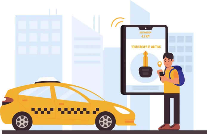 Hombre pidiendo taxi en línea  Ilustración