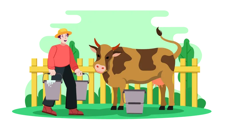 Hombre ordeñando vaca  Ilustración