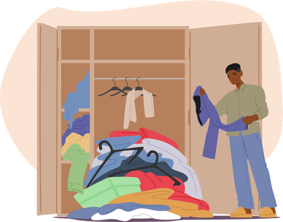 Hombre organizando un armario desordenado lleno de ropa variada  Ilustración