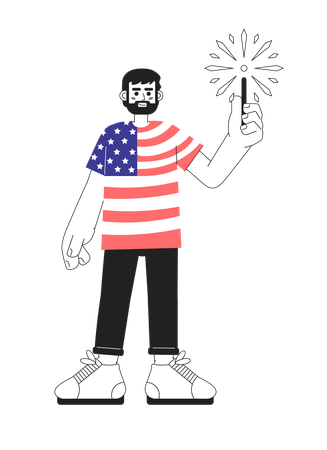 Hombre orgulloso vestido con camiseta de bandera americana con bengala  Ilustración