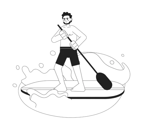 Hombre paddle surf en el lago  Ilustración