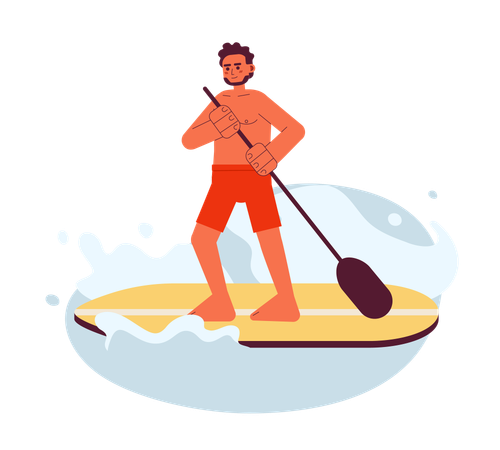 Hombre paddle surf en el lago  Ilustración