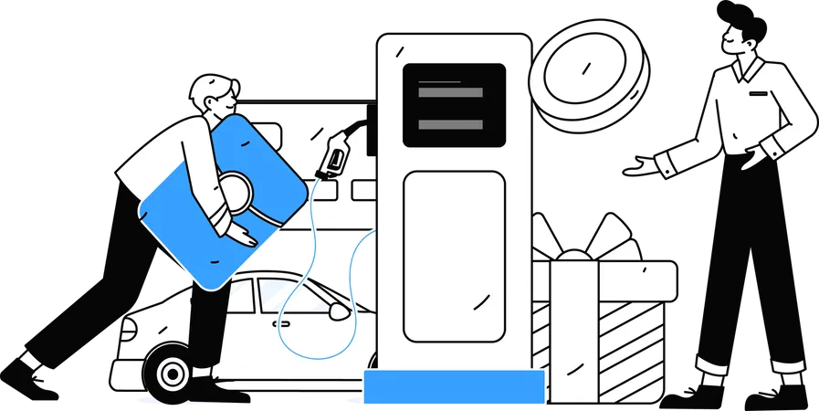 El hombre paga dinero en la bomba de la gasolinera  Ilustración