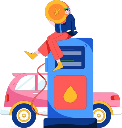 El hombre paga dinero por el combustible del coche  Ilustración