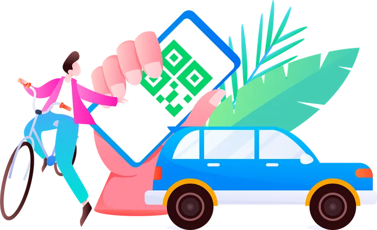 Hombre paga gastos de reserva de taxi mediante código qr  Ilustración