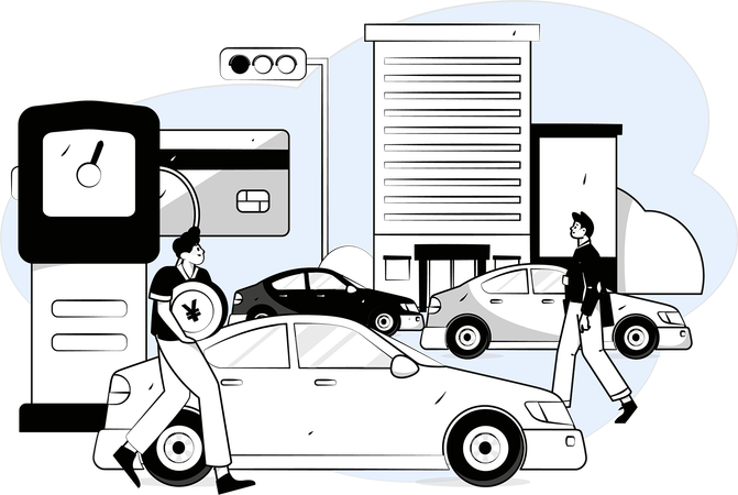 Un hombre paga yenes por combustible para su automóvil  Ilustración