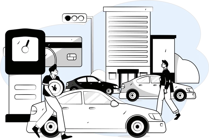 Un hombre paga yenes por combustible para su automóvil  Ilustración