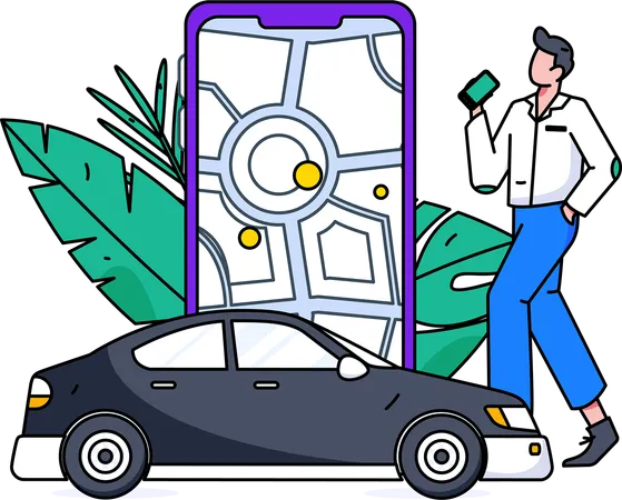 Hombre pagando alquiler de taxi usando el móvil  Ilustración