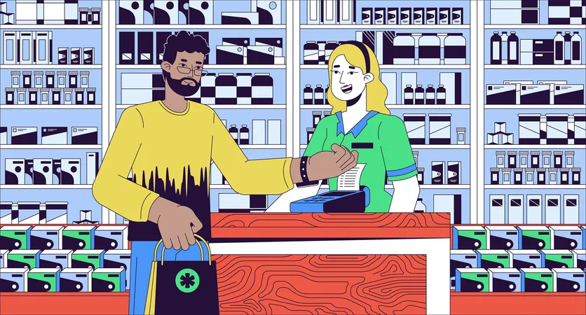 Hombre pagando con reloj inteligente en farmacia  Ilustración