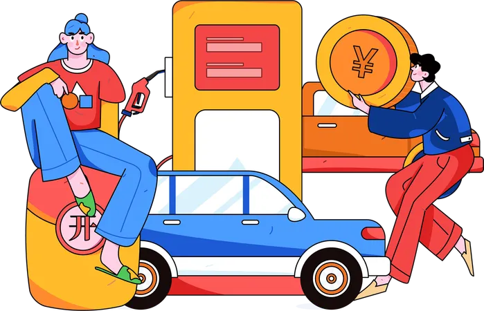 Hombre pagando en efectivo en la gasolinera  Ilustración