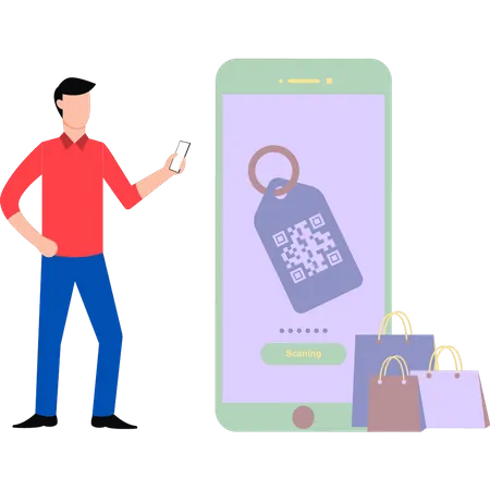 Hombre pagando factura por código QR de etiqueta  Illustration