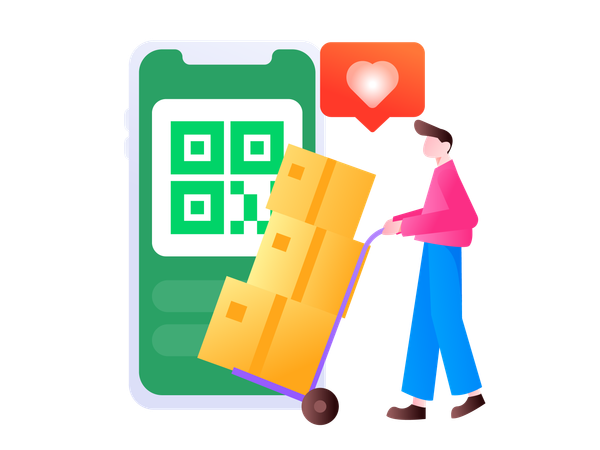 Hombre pagando gastos de envío mediante código qr.  Ilustración