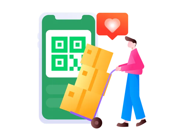 Hombre pagando gastos de envío mediante código qr.  Ilustración