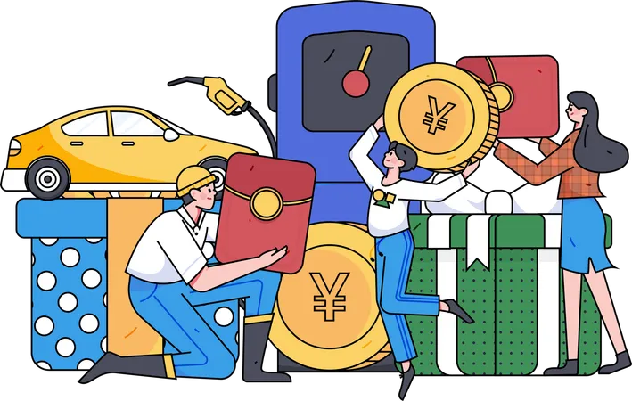 Hombre pagando con monedas en la gasolinera  Ilustración