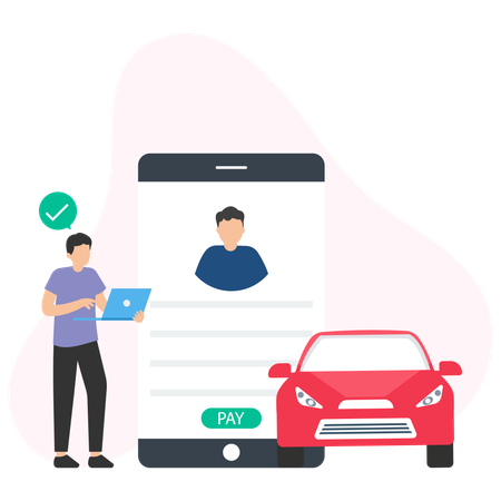 Hombre pagando el préstamo de un automóvil desde el móvil  Ilustración
