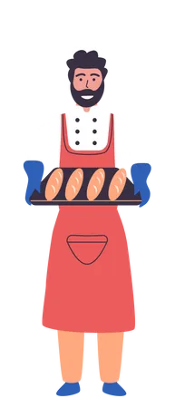 Hombre panadero sosteniendo bandeja de pan  Ilustración